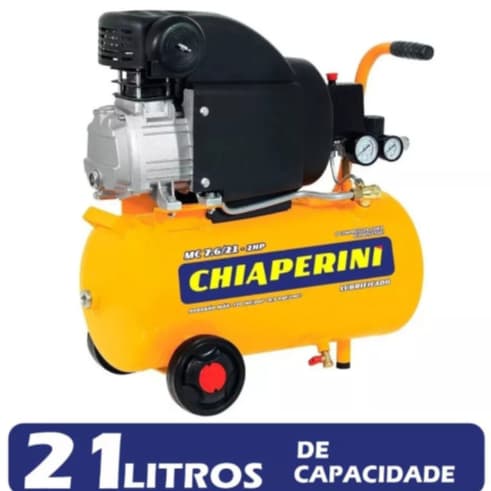 Compressor de Ar Portátil Chiaperini MC 7.6/21 2HP 21L Monofásico 127/220V, amarelo, com texto '21 LITROS'.