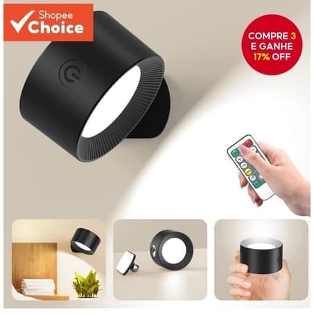 Arandela de parede LED preta com controle remoto, 360° rotação, luz de leitura recarregável de toque