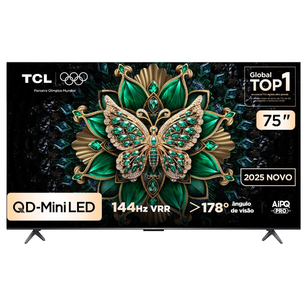 Smart TV TCL 75 polegadas QLED Mini LED 4K com borboleta verde e dourada no display