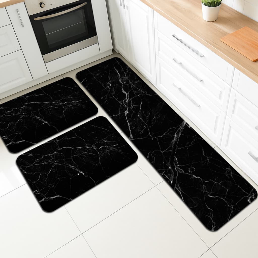 Kit com 3 tapetes marmorizados pretos para sala e cozinha