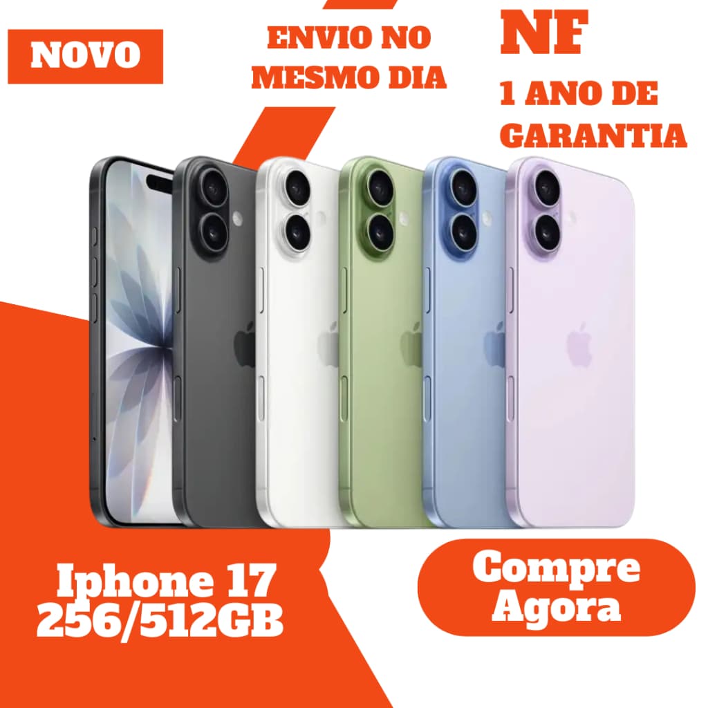 iPhone 17 5G 256GB em várias cores: preto, cinza, branco, verde e rosa, com garantia e nota fiscal.