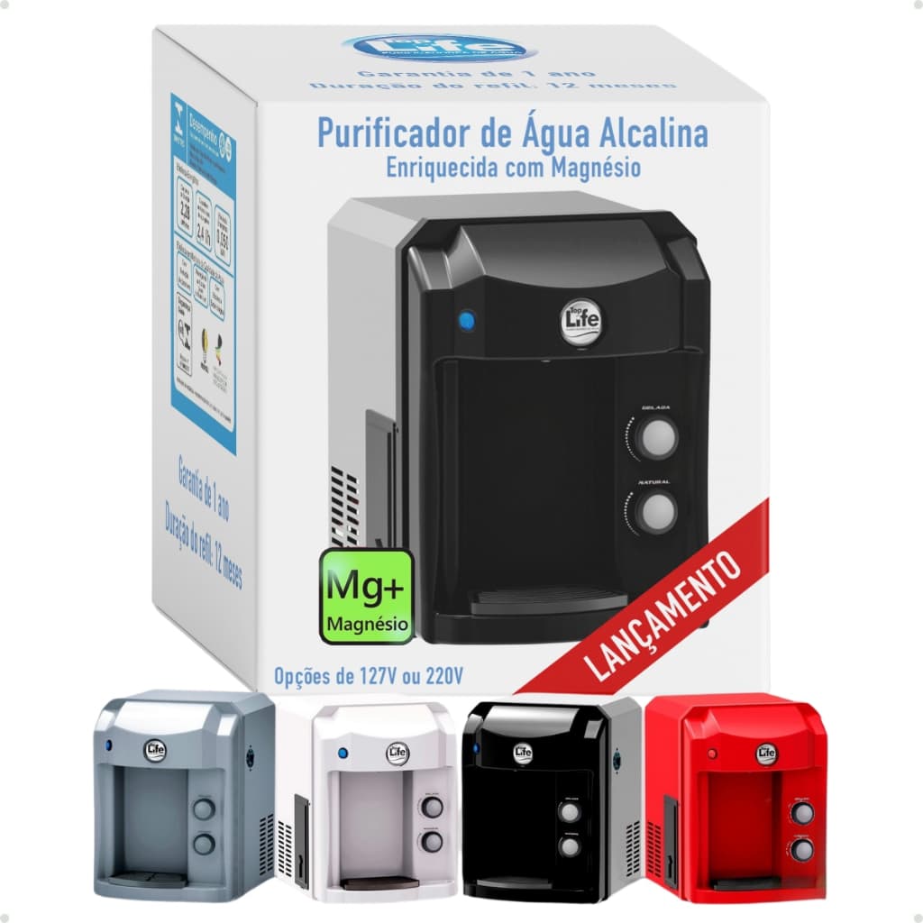 Purificador de Água Alcalina com Magnésio Top Life MG+ em caixa branca com várias versões coloridas