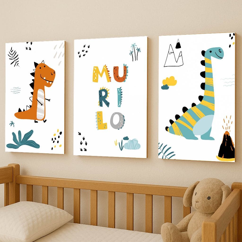 Kit de quadros decorativos de dinossauros para quarto de menino, estilo escandinavo, três peças