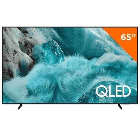 Smart TV 65' Samsung Vision AI Qled - QN65Q7FAAGXZD, tela mostrando paisagem de água e gelo, texto 'QLED' e '65”'