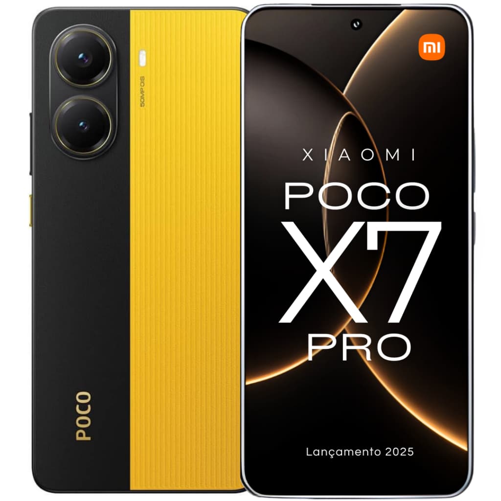 Celular gamer Xiaomi POCO X7 PRO 5G NFC, display AMOLED, design bicolor preto e amarelo, logotipo Xiaomi