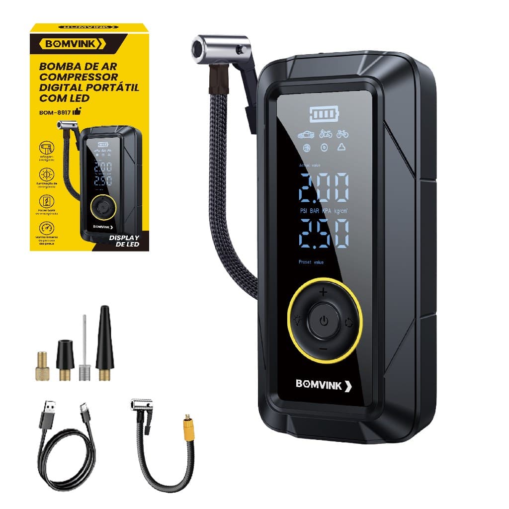 Bomba de Ar Compressor Digital Portátil com LED - Preto e Cinza