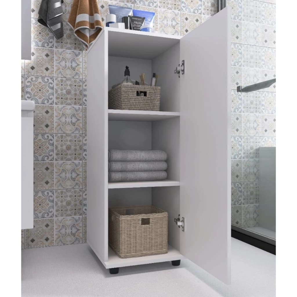 Armário multiuso branco para lavanderia com uma porta e três prateleiras, ideal para organizar produtos de limpeza e área de serviço.