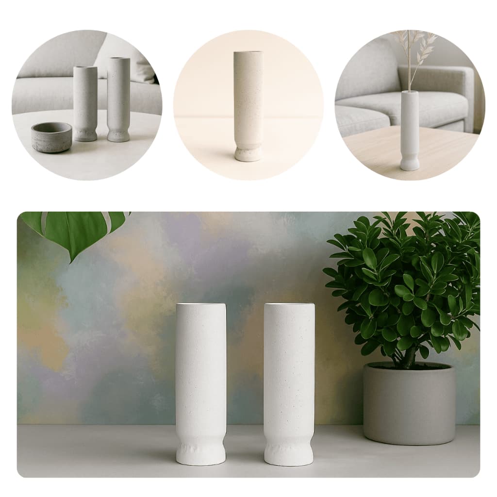 Vaso longo cilíndrico branco para plantas, ideal para arranjos decorativos.