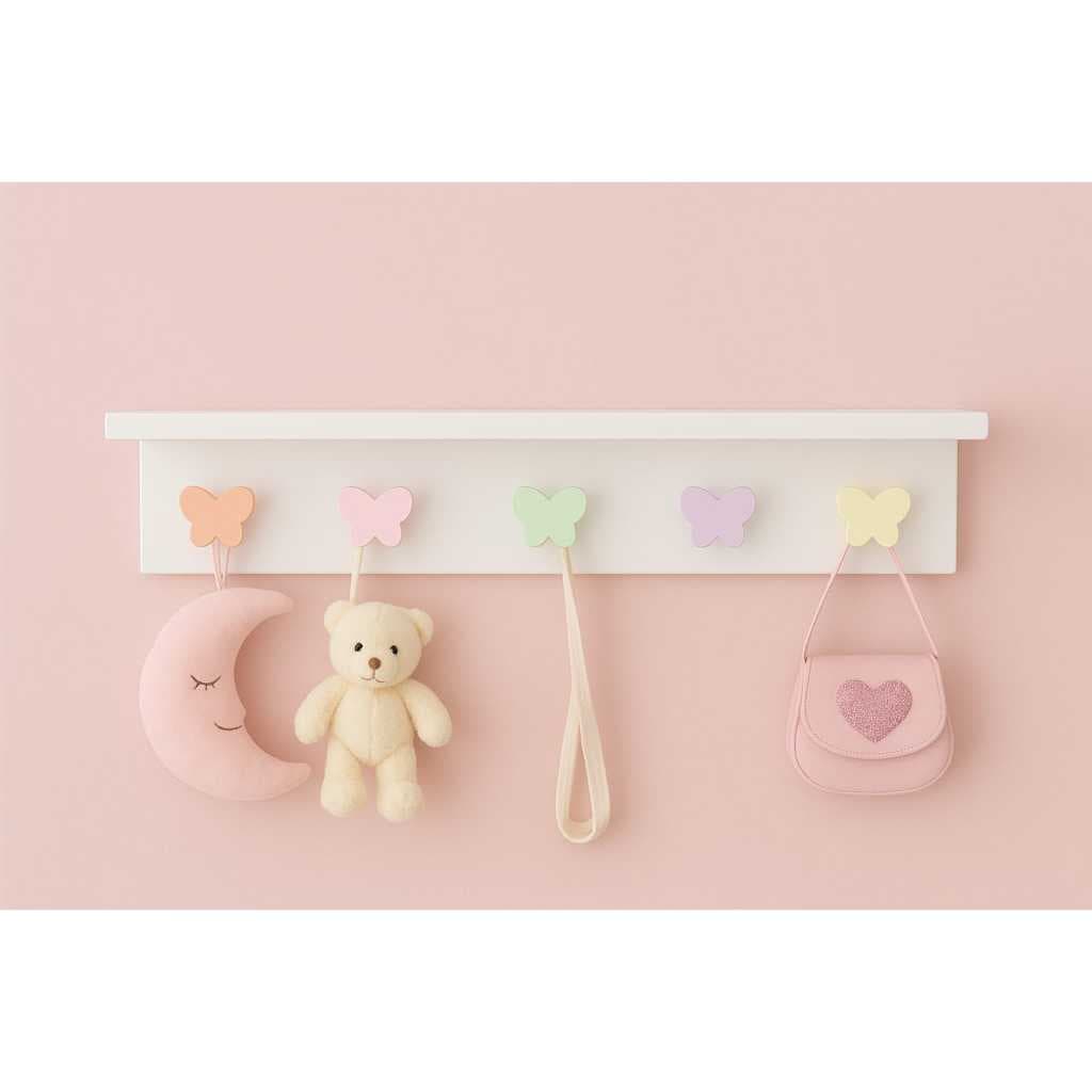 Cabideiro e Pendurador Quarto Infantil com prateleira 5 pinos borboleta coloridas