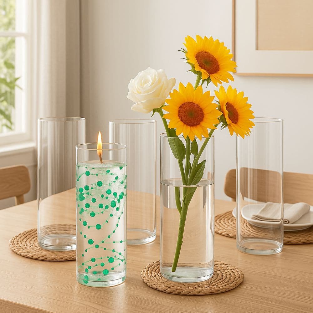 Trio de vasos cilíndricos transparentes com decoração de flores naturais e vela acesa