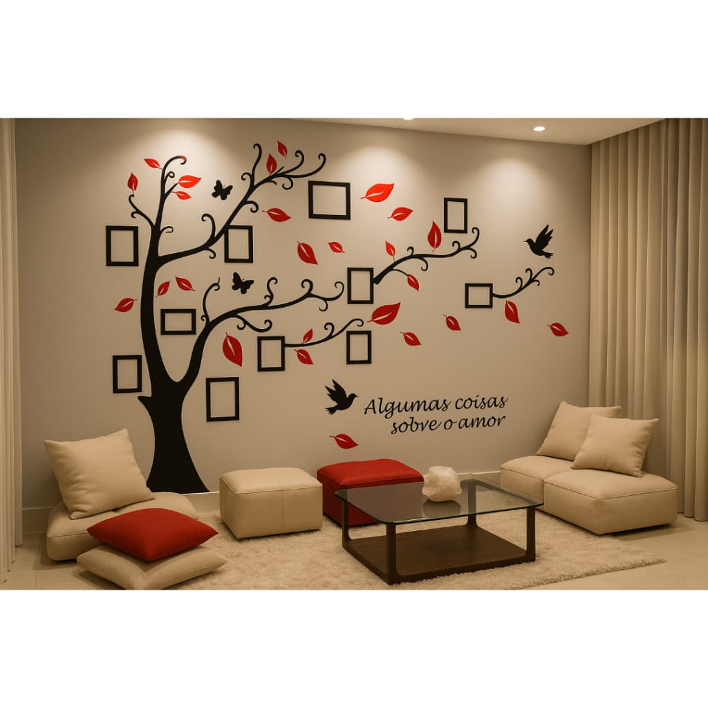 Painel decorativo de parede árvore genealógica com espaços para fotos, vermelho e preto, texto 'Algumas coisas sobre o amor'.