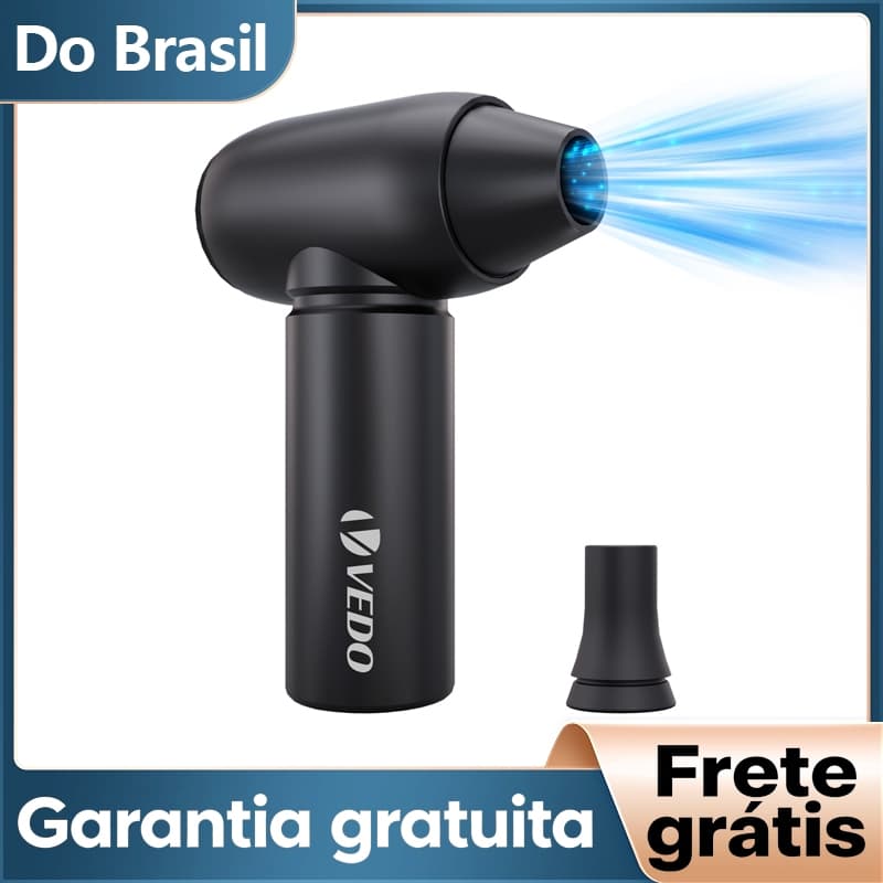 Aspirador e soprador portátil de ar sem fio preto com bico azul e luz, marca VEDO, garantia gratuita