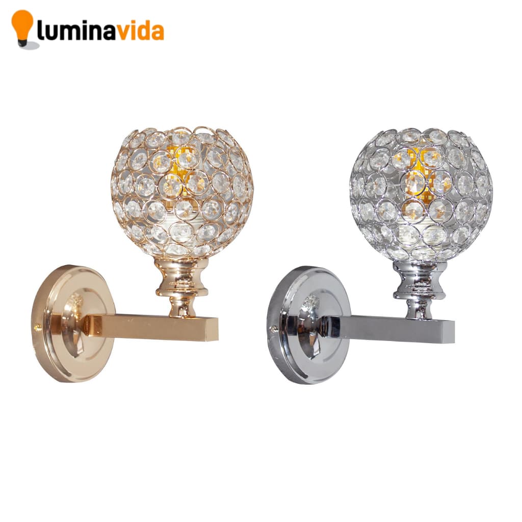 Arandelas de parede esféricas em dourado e prata com globo de cristal transparente