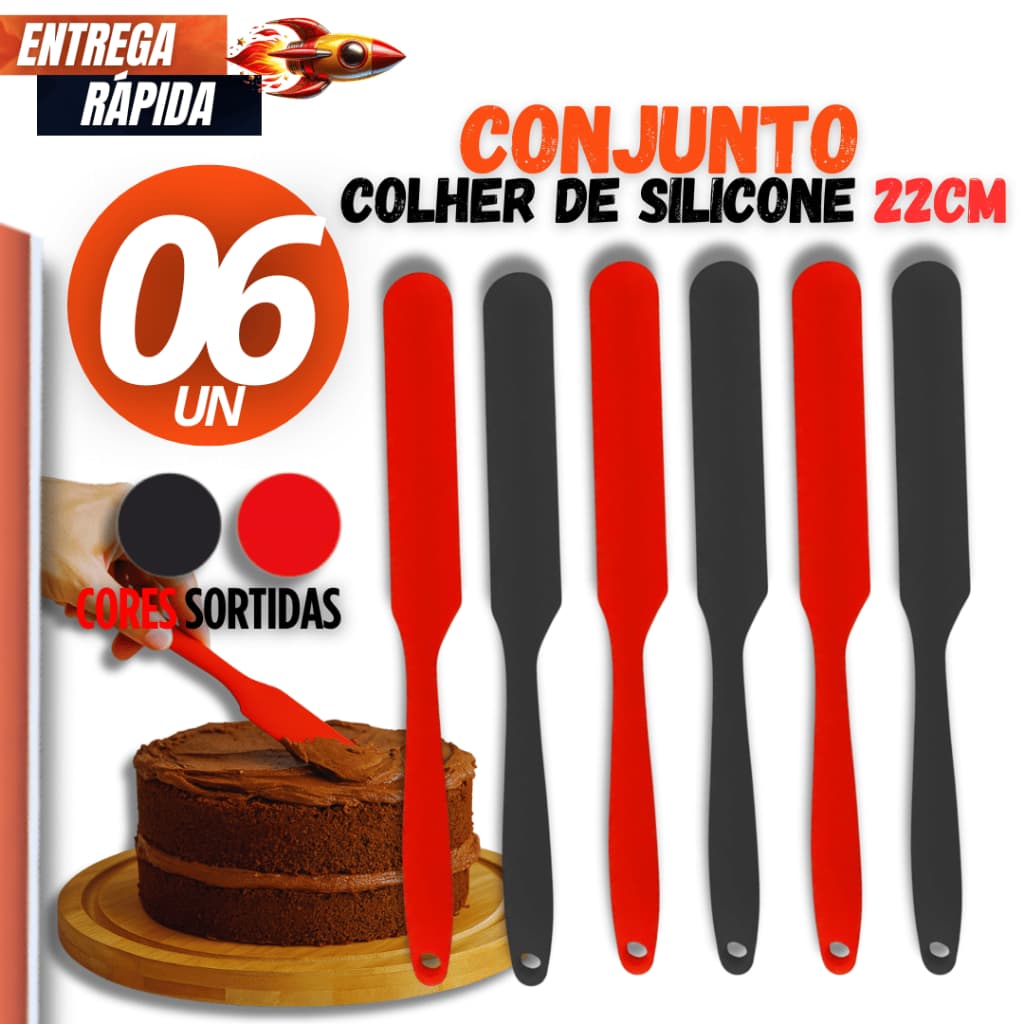 Conjunto de 6 espátulas de silicone para confeitaria, cores variadas, ideal para bolos e cremes.
