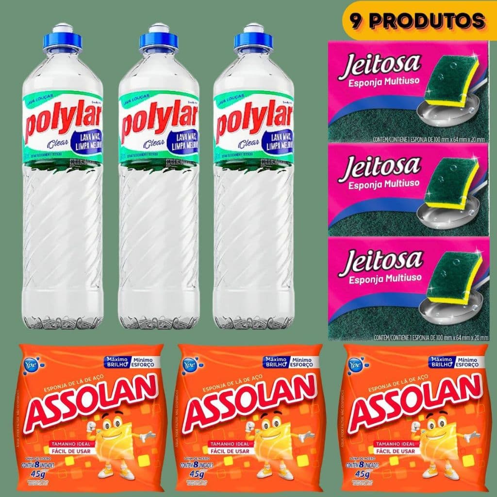 Kit de limpeza Polylar Assolan com 9 produtos, incluindo detergente líquido e em pó, e esponjas multiuso.