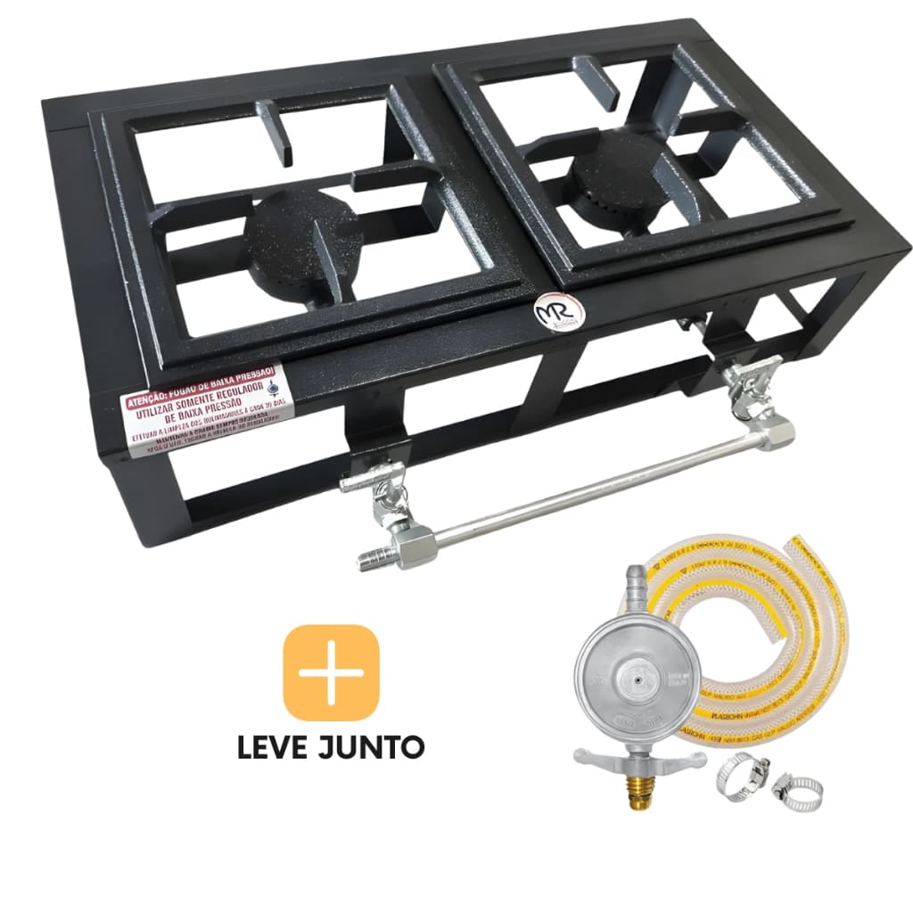 Fogão Industrial de Mesa Baixa Pressão 2 bocas Fogareiro para camping ou caminhoneiro + Registro e Mangueira