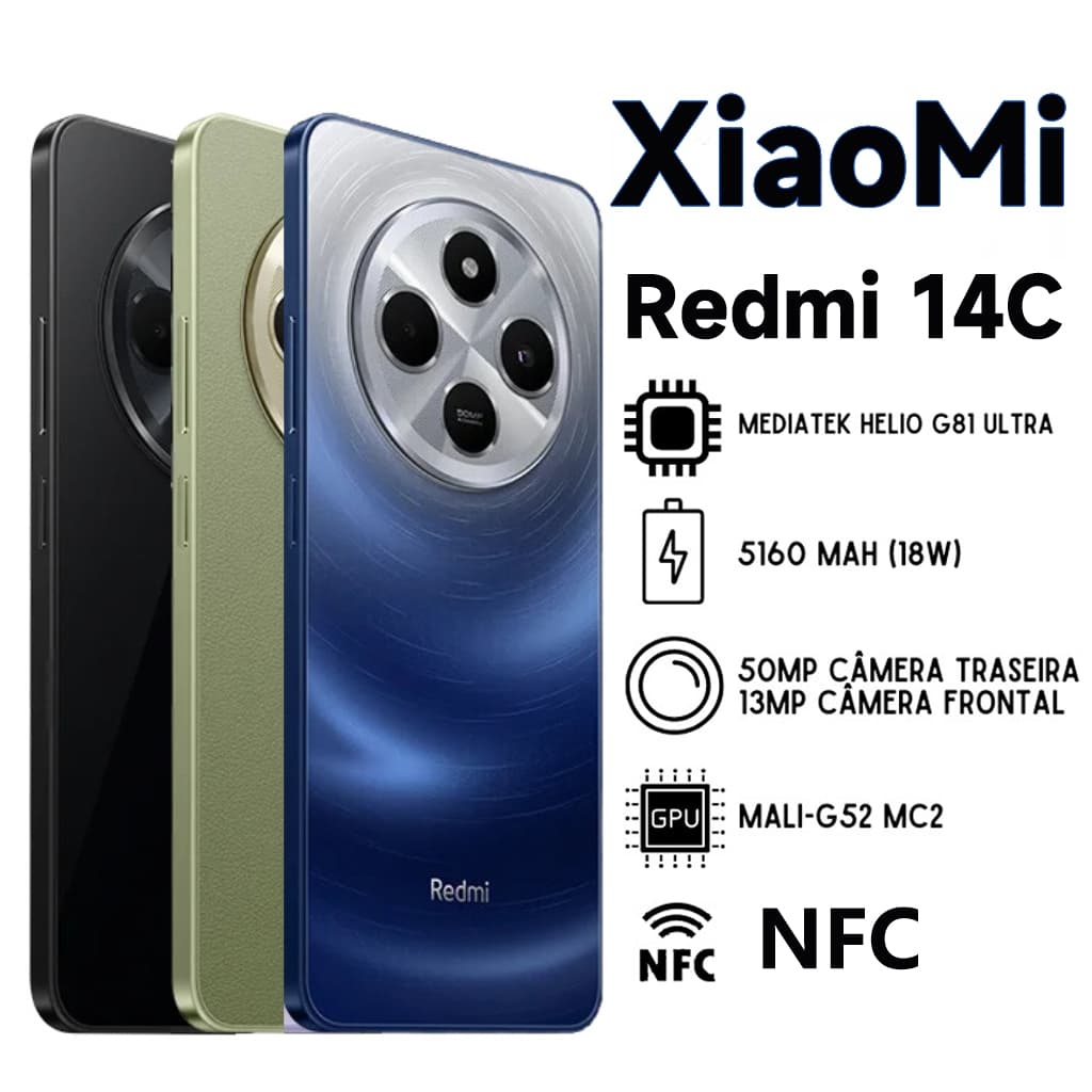 Celular Smartphone Xiaomi Redmi 14C Global Version NFC 6.74'' 128GB/256GB Dual SIM 50MP Câmera Dupla Bateria 5160mAh