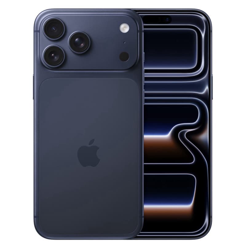 iPhone 17 Pro Max em cor grafite, vista traseira com três câmeras e logo da Apple