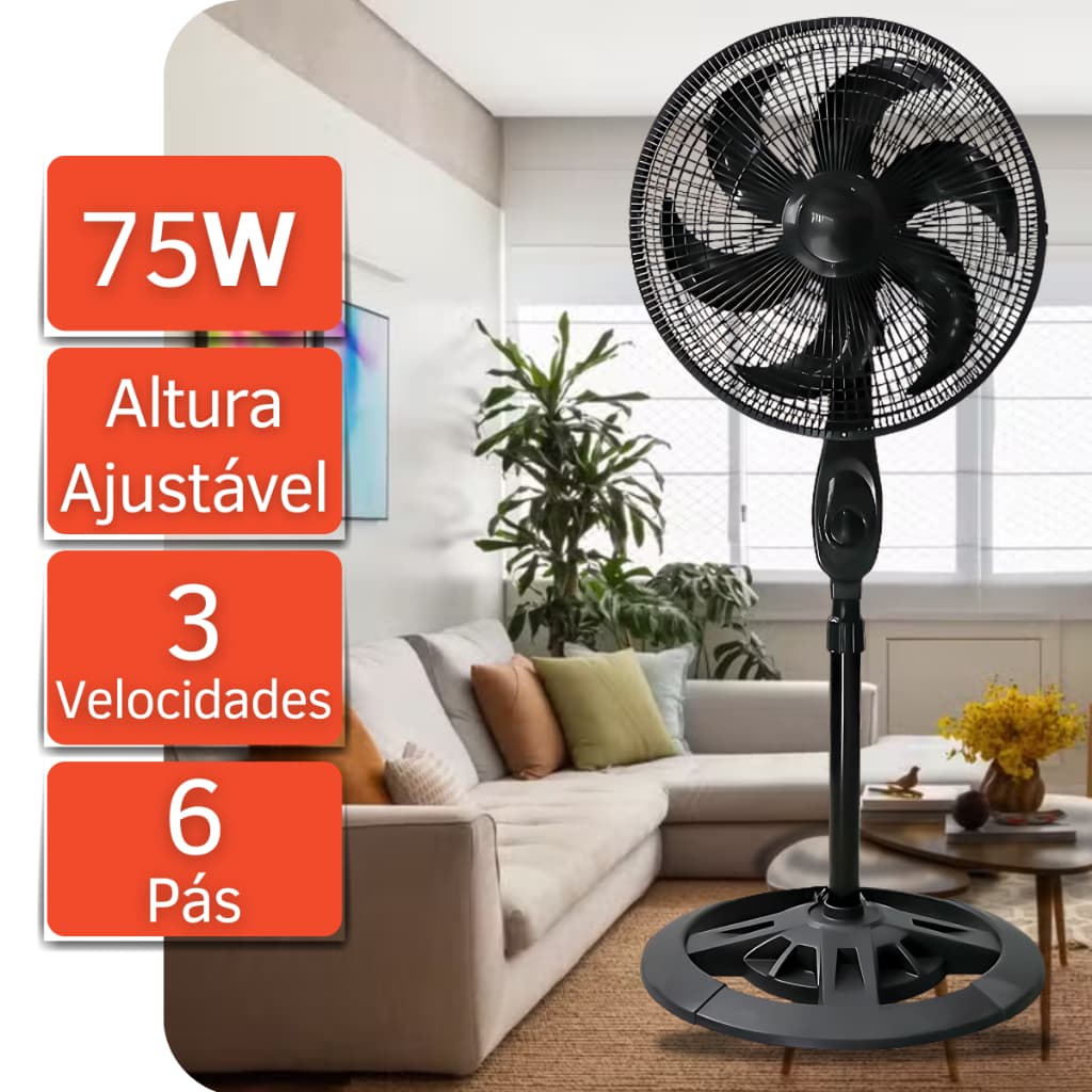 Ventilador de Coluna 110v/220v Ajustável 130cm de Chão 3 Velocidades 6 Hélices Potente Silencioso