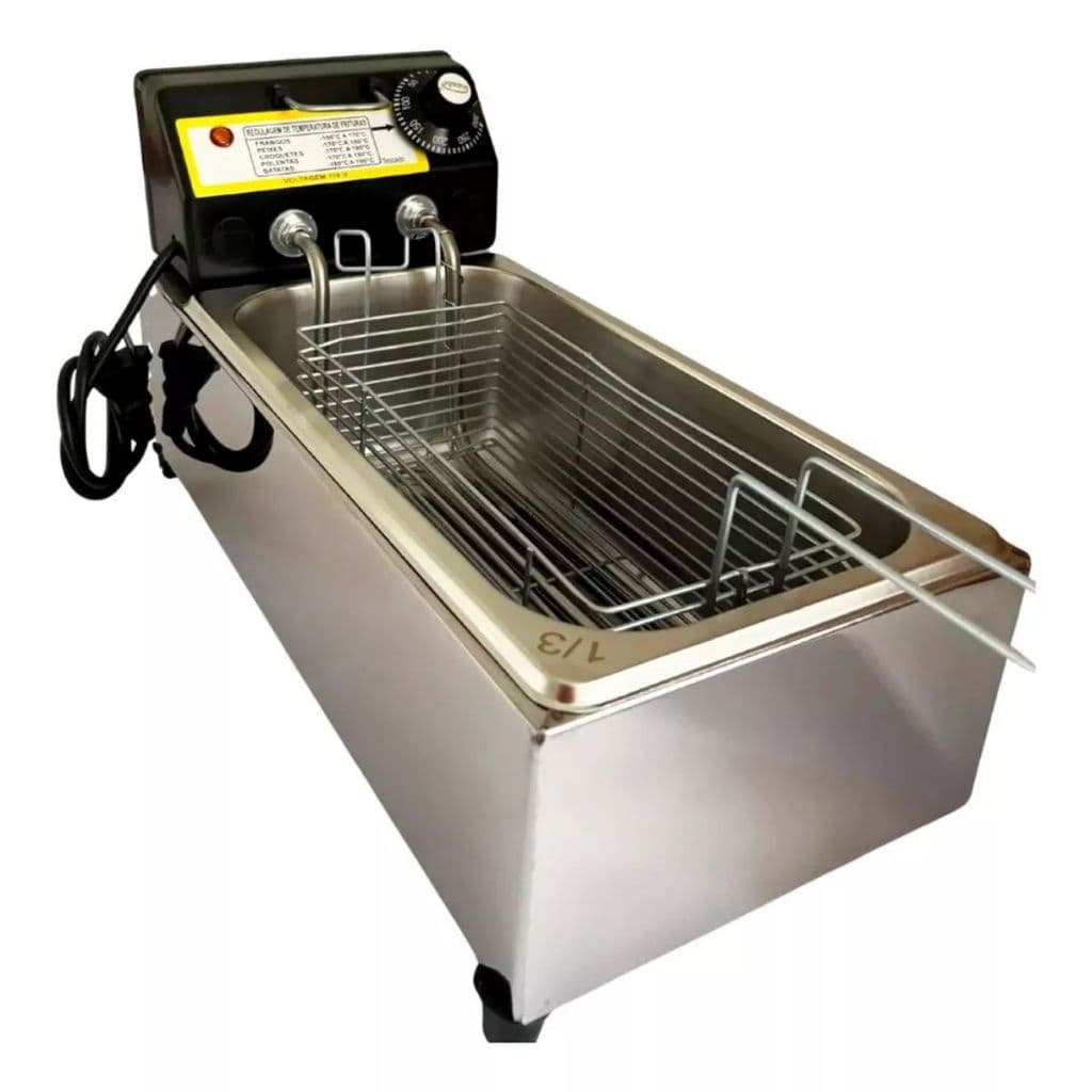 Fritadeira Elétrica Industrial 3L em Aço Inox Cuba Profissional com Termostato e Cesto para Pastel e Batata