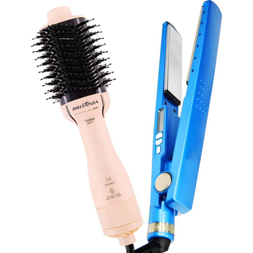 Escova Secadora Soft Britânia Original BIvolt Pente de ar quente Alisador + Chapinha Nano Titanium 450F 127/220V