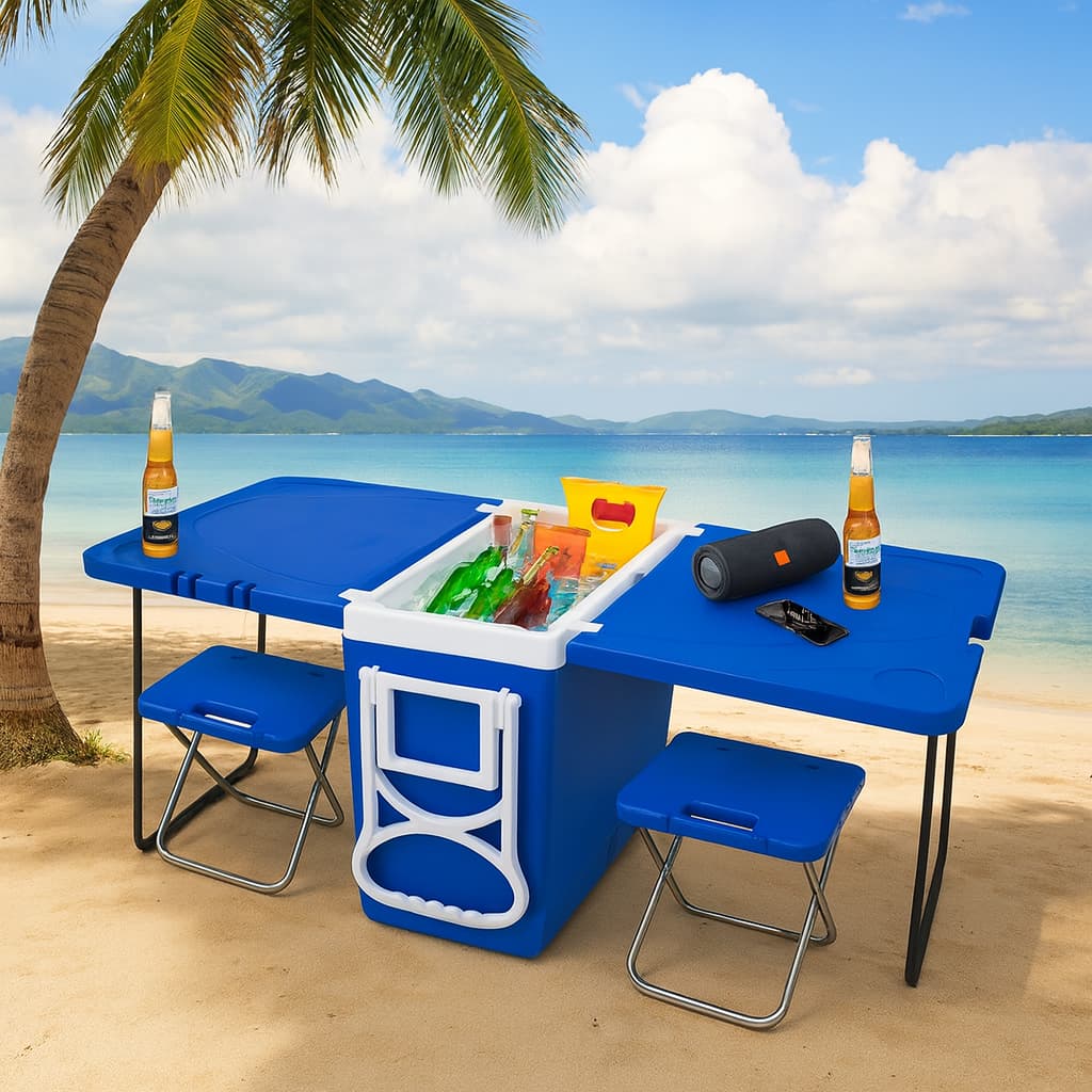 Caixa Térmica Cooler Multifuncional 32L com Mesa e Cadeira Dobrável para Praia e Camping
