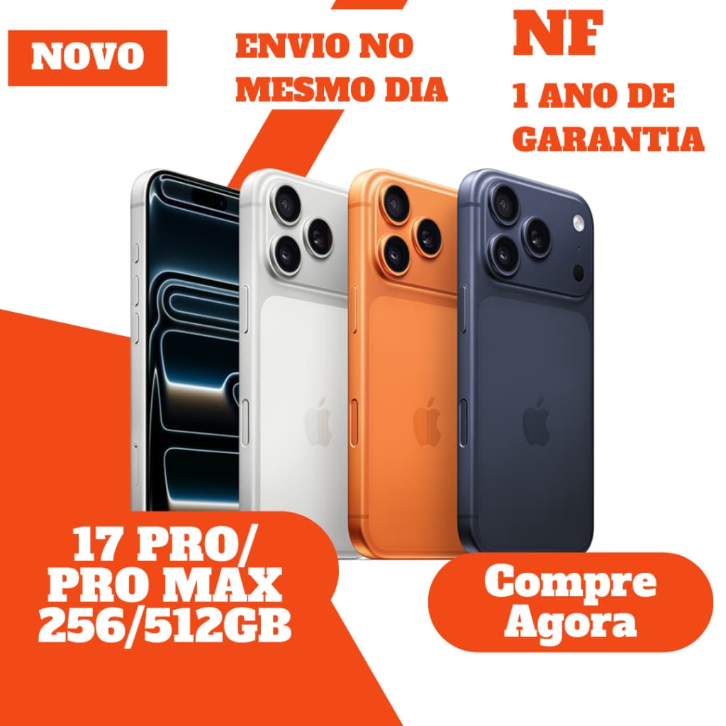 iPhone 17 Pro e Pro Max em preto, branco e laranja com câmeras triplas e texto promocional