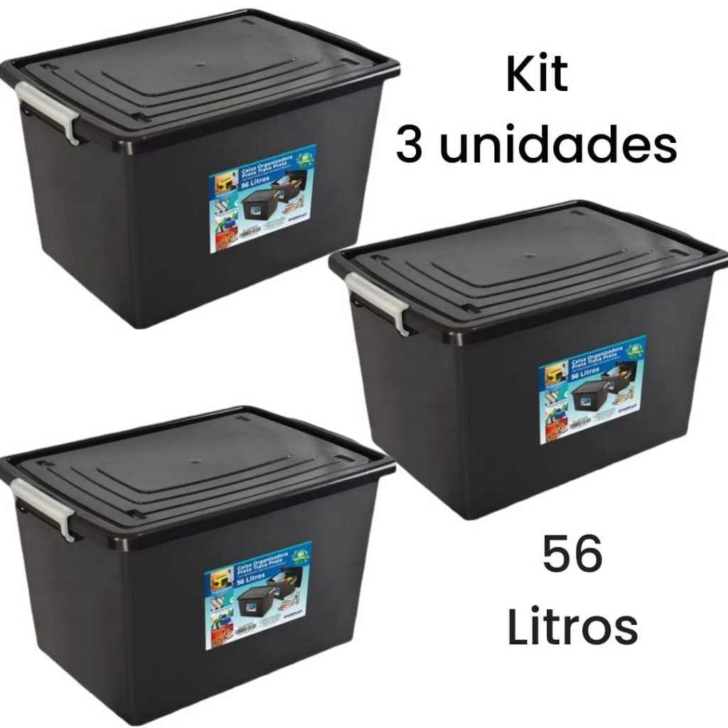 Kit 3 caixas organizadoras 56 litros com tampa e trava - preto
