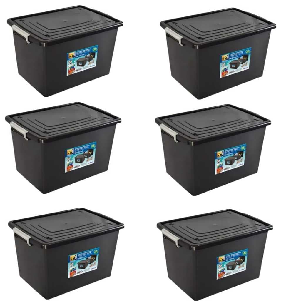 Kit 6 Caixas Organizadora Container Preta Com Tampa e Trava 56 Litros