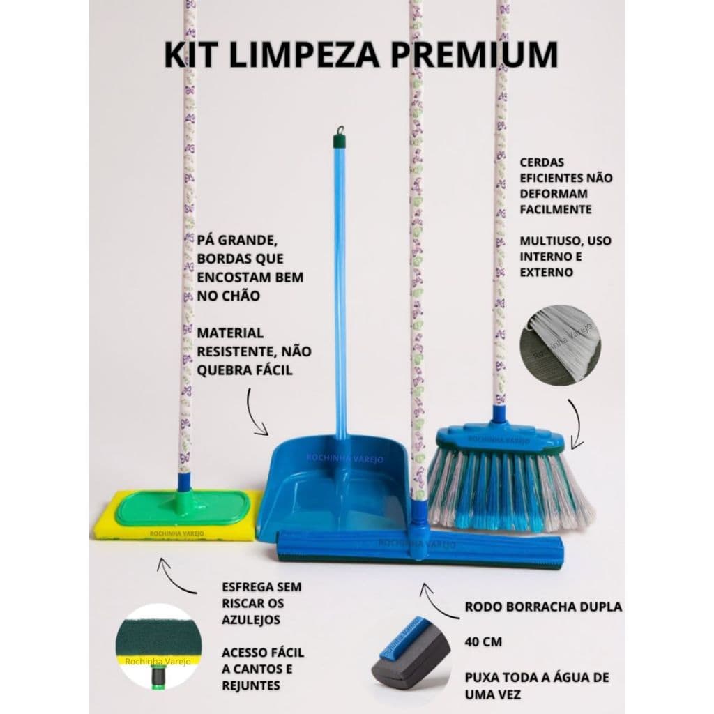 Kit Limpeza Vassoura Rodo Lava Azulejo Pá de Lixo com Cabo Completo