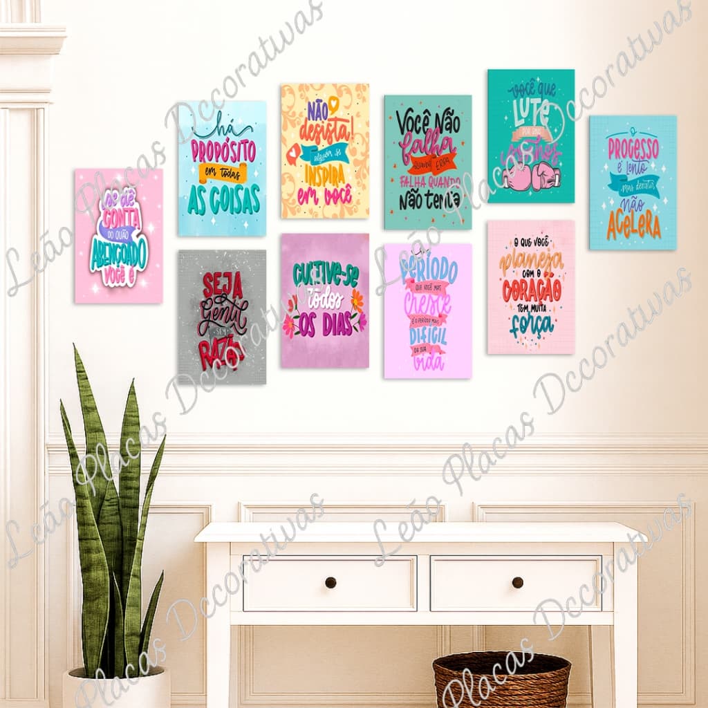 Kit 10 quadros decorativos MDF frases motivacionais coloridas