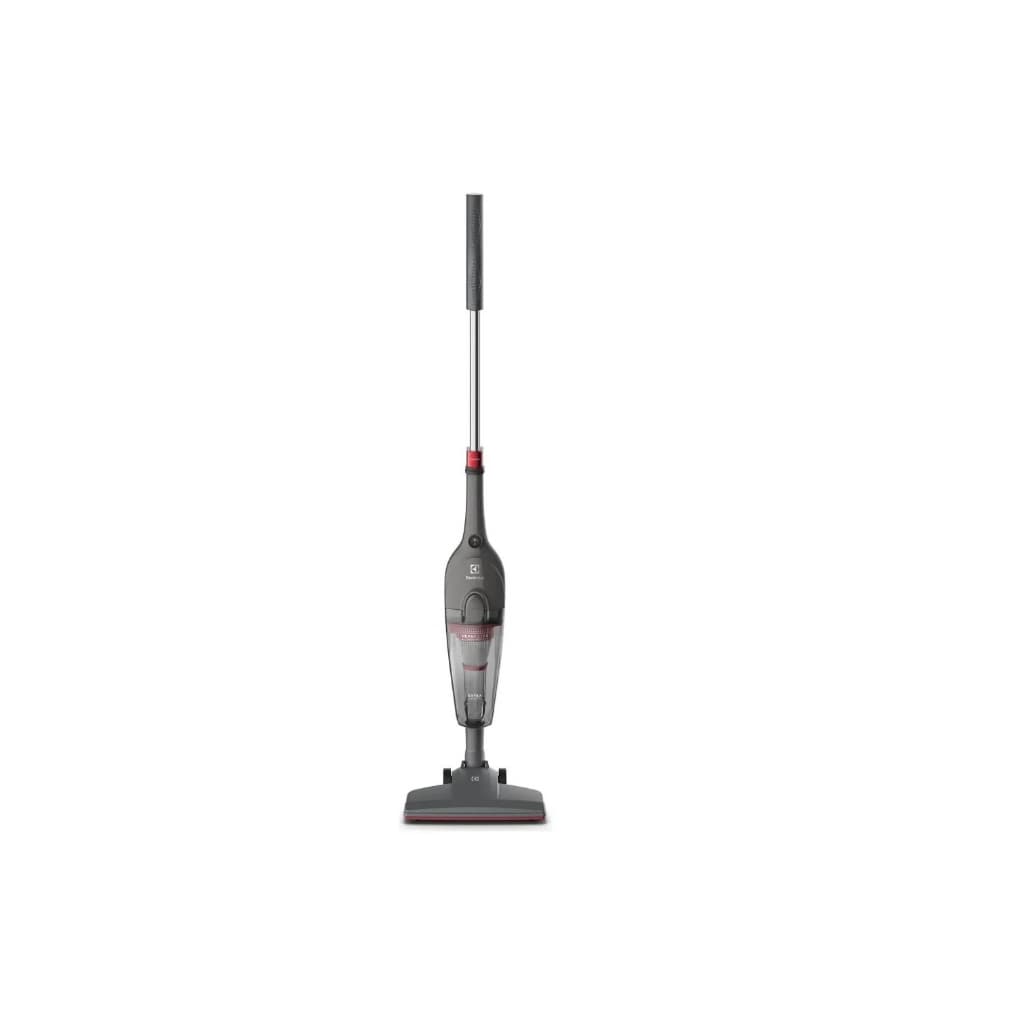 Aspirador de pó vertical com fio Electrolux STK15, preto e cinza, contra fundo branco.