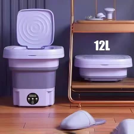 Mini máquina de lavar roupa dobrável 12L, portátil, branca e roxa, com tampa aberta.