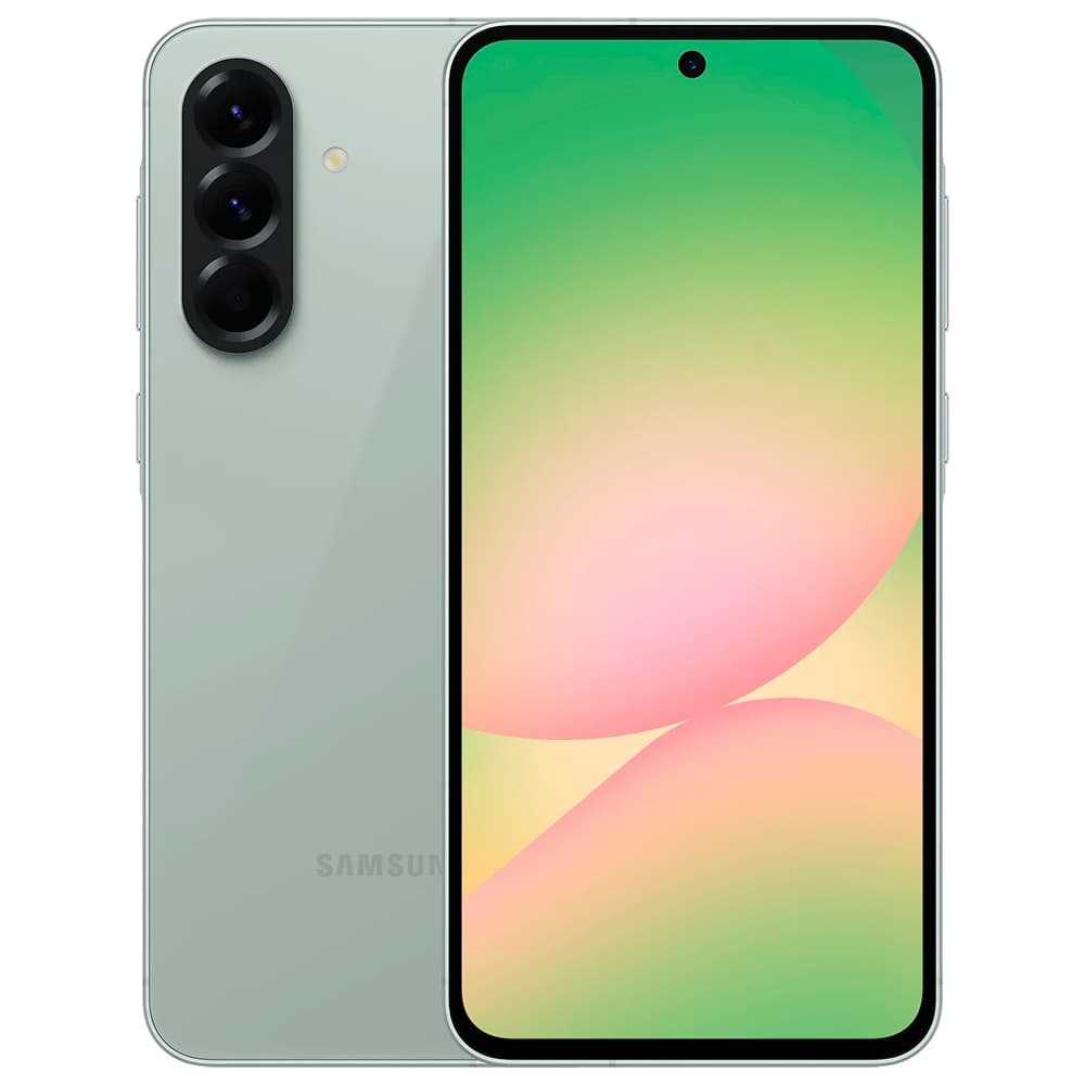 Samsung Galaxy A56 5G verde, vista frontal e traseira, smartphone com câmera tripla e logo Samsung