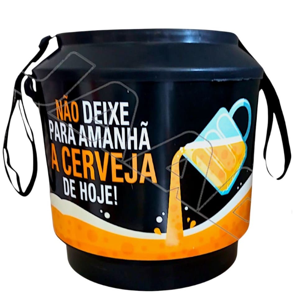 Cooler térmico grande preto com frase 'Não deixe para amanhã a cerveja de hoje!'