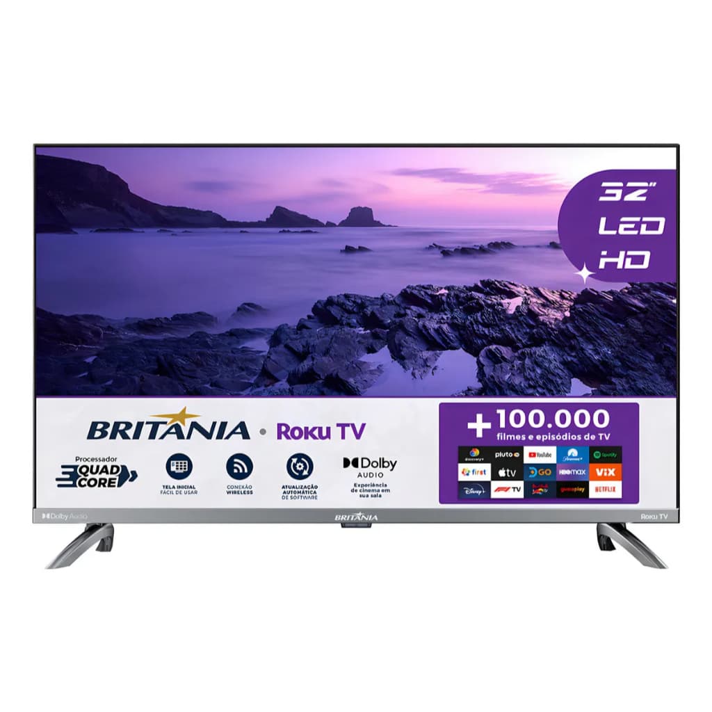 Smart TV 32'' HD Britânia B32CRC Roku TV LED Wi-Fi HDMI USB cinza
