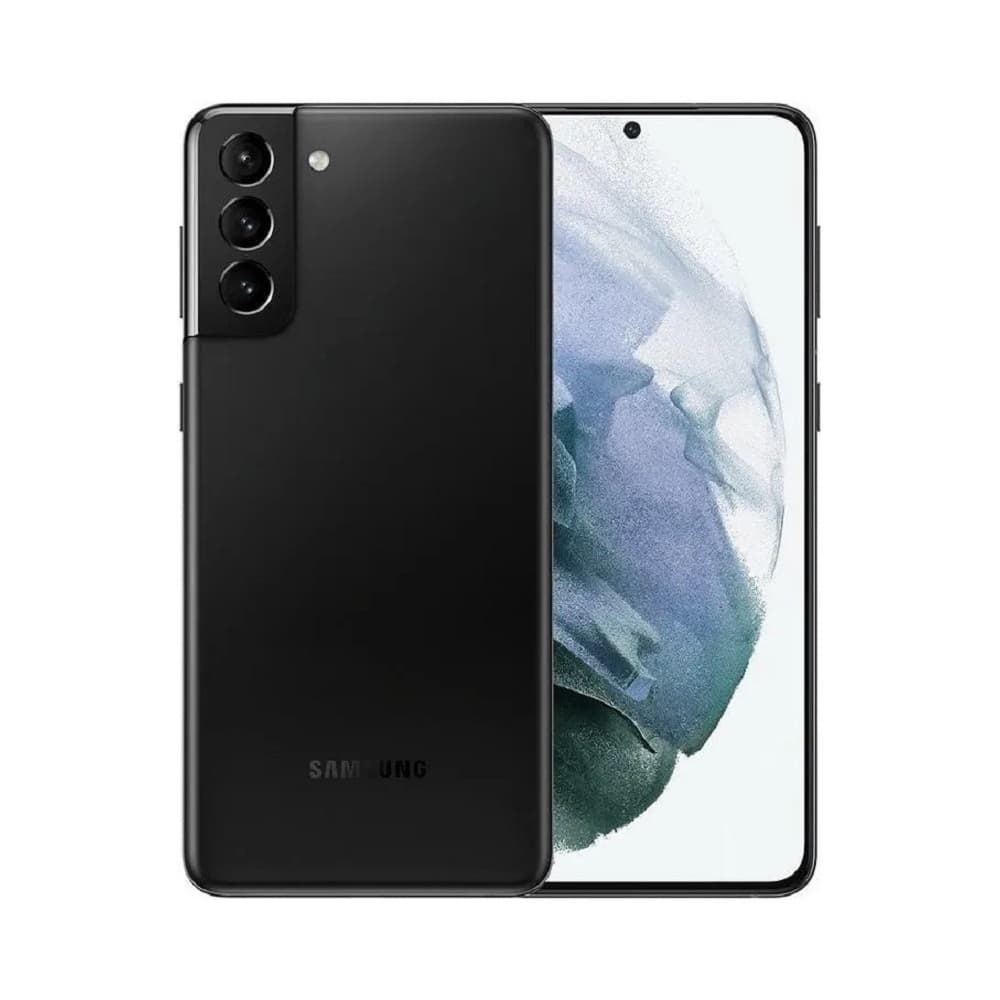 Samsung Galaxy S21 Plus 128GB, smartphone preto com três câmeras traseiras, fundo branco