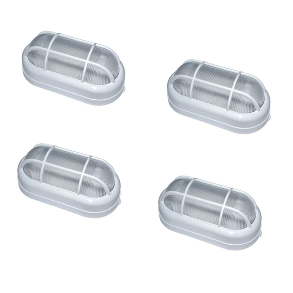 Kit de quatro luminárias arandela brancas com estrutura transparente e grade de ventilação.