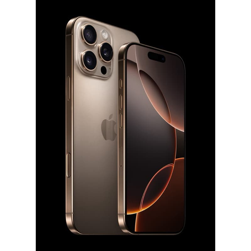 iPhone 16 Pro Max 512GB dourada com quatro câmeras na parte traseira e reflexo laranja na tela