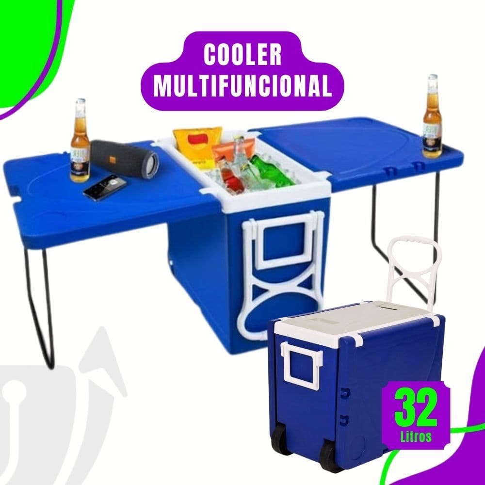 Cooler multifuncional azul e branco de 32 litros com mesa de apoio