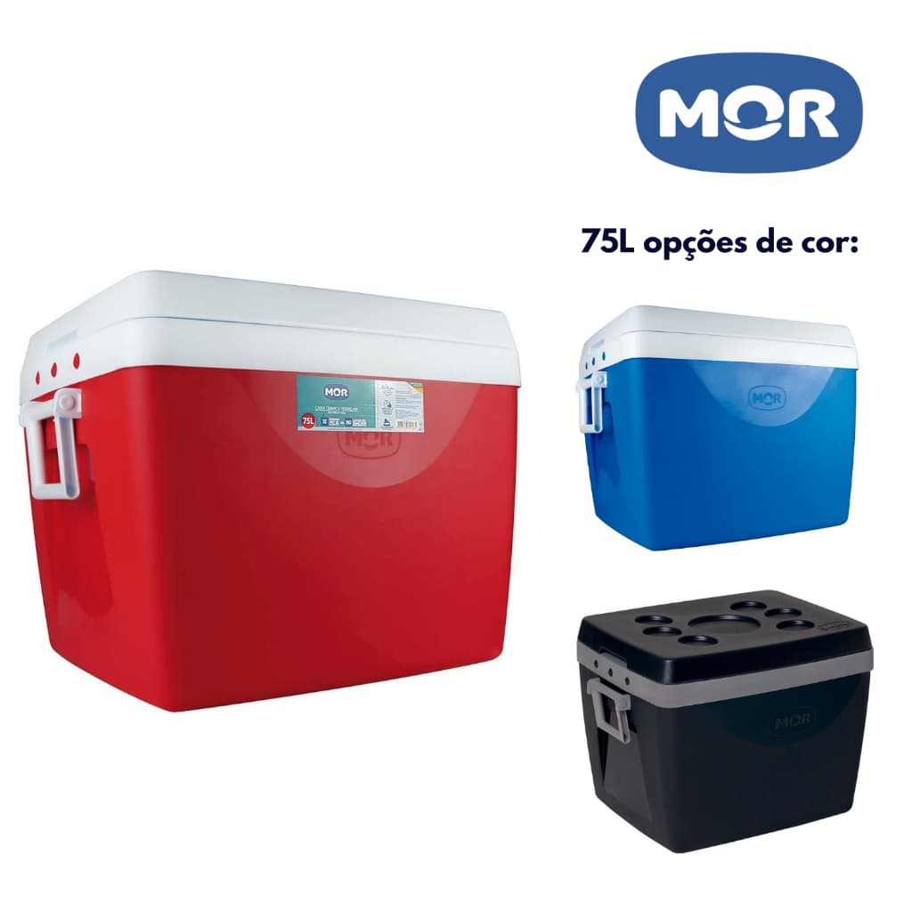 Caixa térmica Mor 75L em cores vermelha, azul e preta com tampa branca