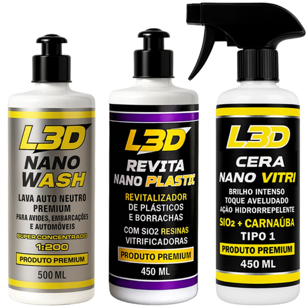 Trê garrafas de produtos automotivos L3D, incluindo NANO WASH, REVITA NANO PLASTI e CERA NANO VITRI.