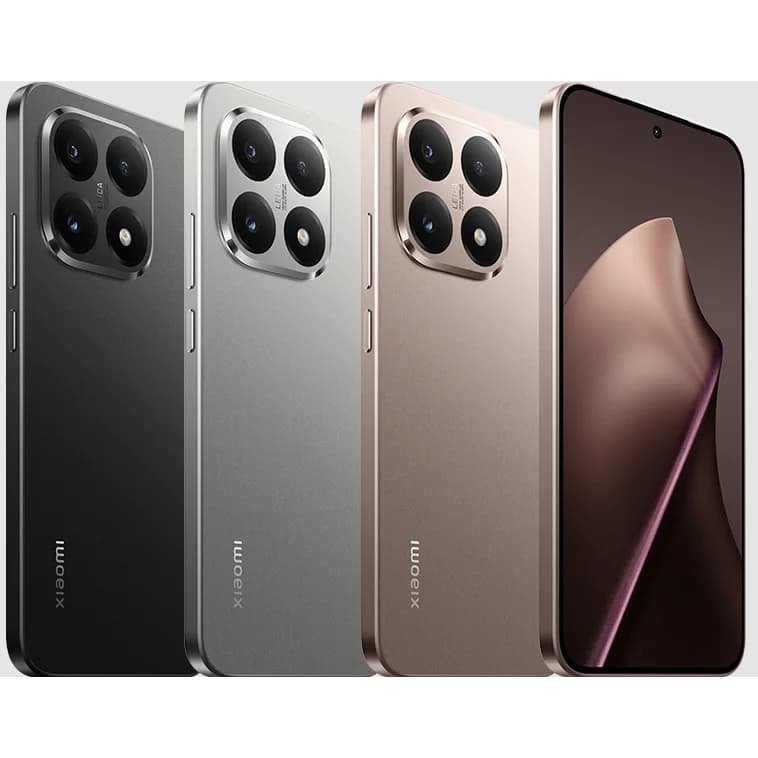 Xiaomi 15T 5G em três cores: preto, prata e bronze, com câmera traseira quadrada e quatro lentes, fundo branco.