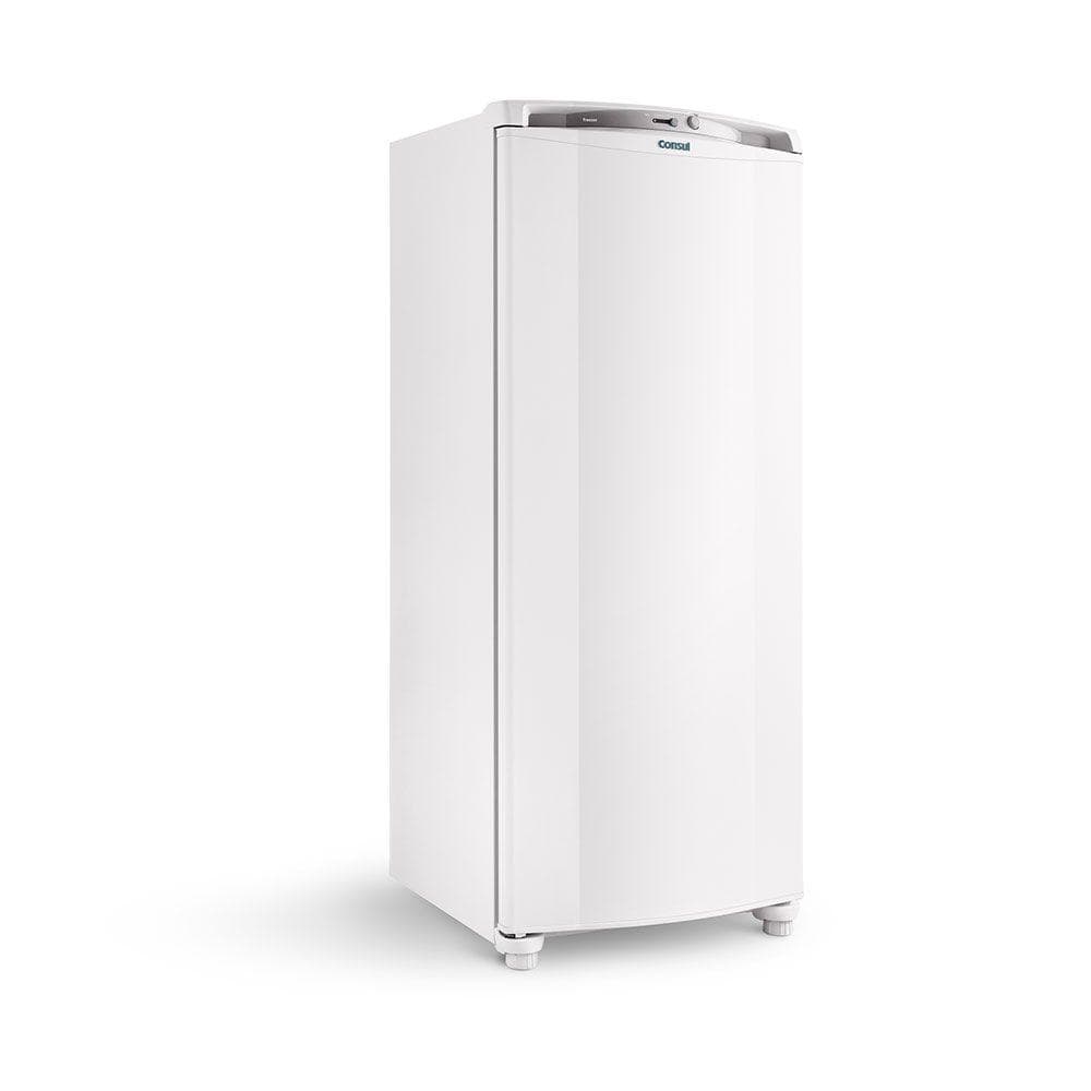 Freezer vertical Consul 1 porta 231l branco, isolado em fundo branco, mostrando design moderno e aço inoxidável.