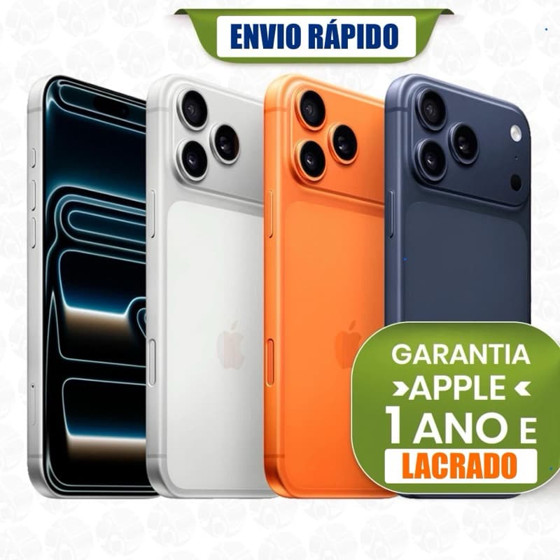 iPhone 17 Pro Max e 17 Pro em cores preto, branco, laranja e azul com garantia Apple de 1 ano