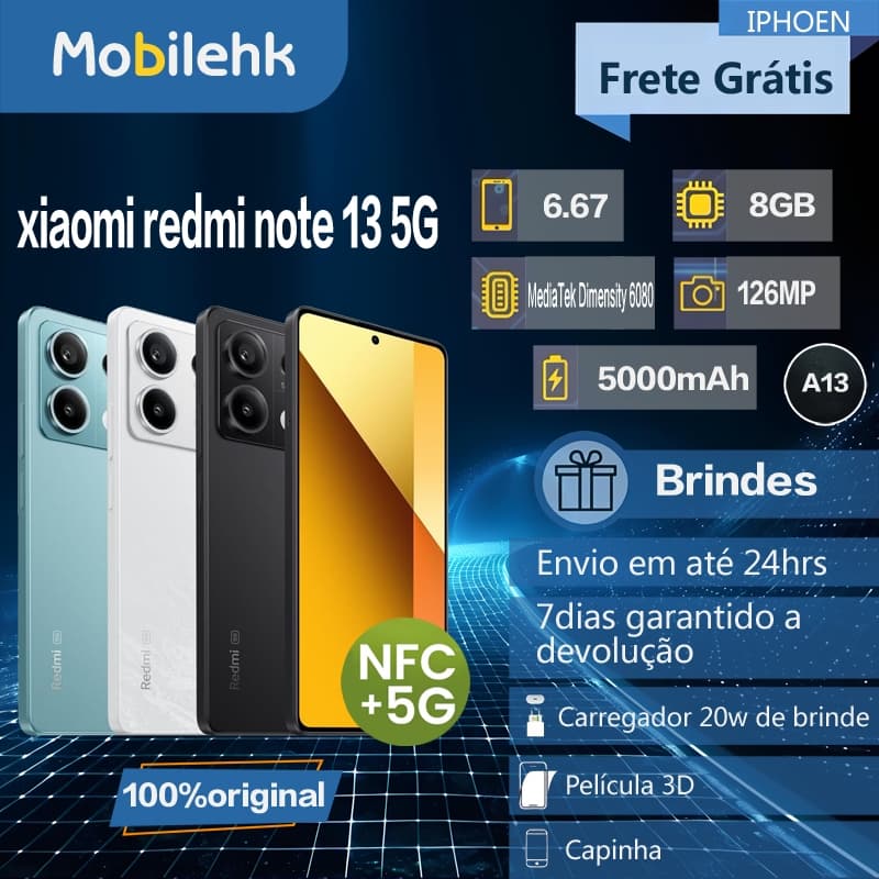 Xiaomi Redmi Note 13 5G 8GB 128GB Global Original 5000mAh Bateria AMOLED 120Hz NFC Nota Fiscal