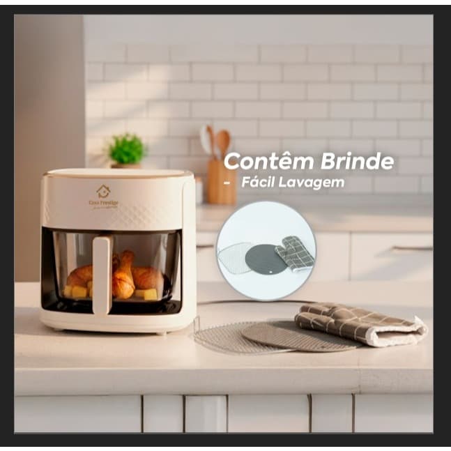 Forno elétrico saudável sem óleo com visor em vidro, cor branca e rose gold, com brinde de acessórios de cozinha
