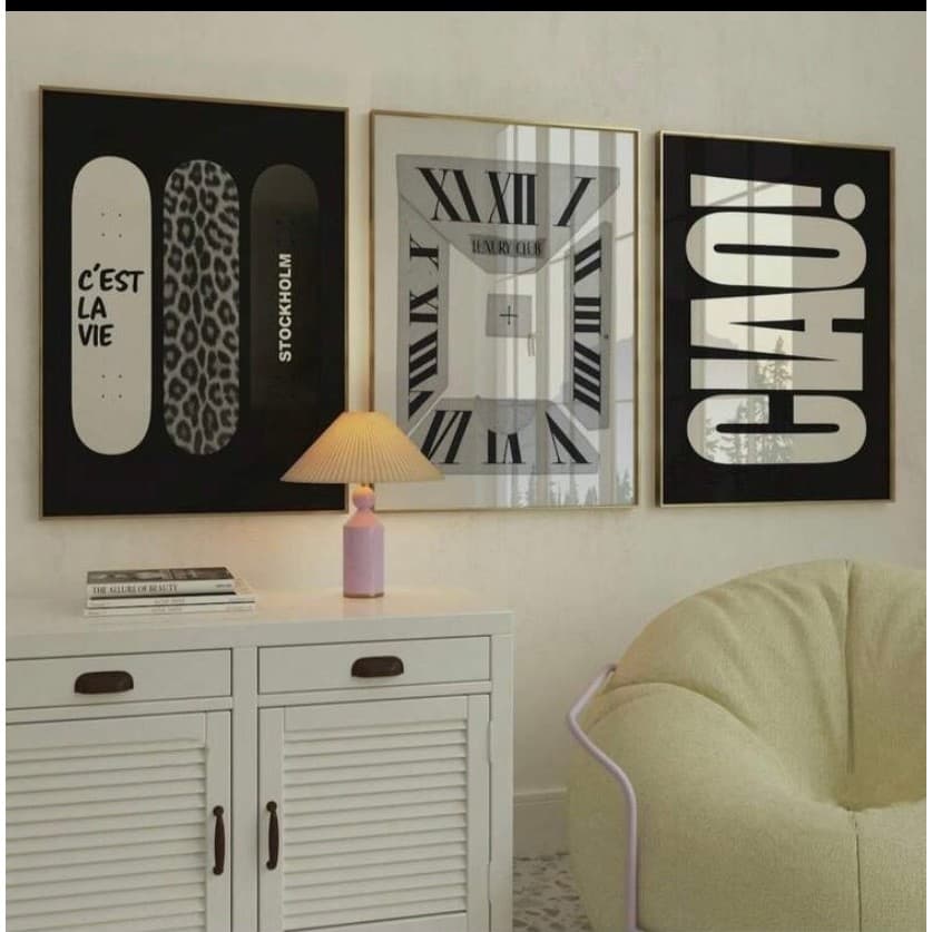 Quadros decorativos Skate Leopardo C'est la Vie Relógio Chaos (3 peças)