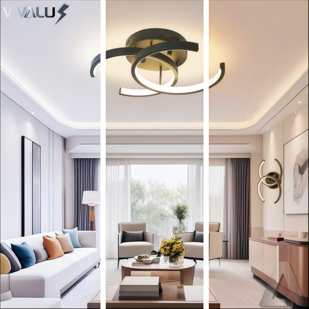 Luminária de teto LED moderna com três cores de luz para sala e quarto, design circular em preto.