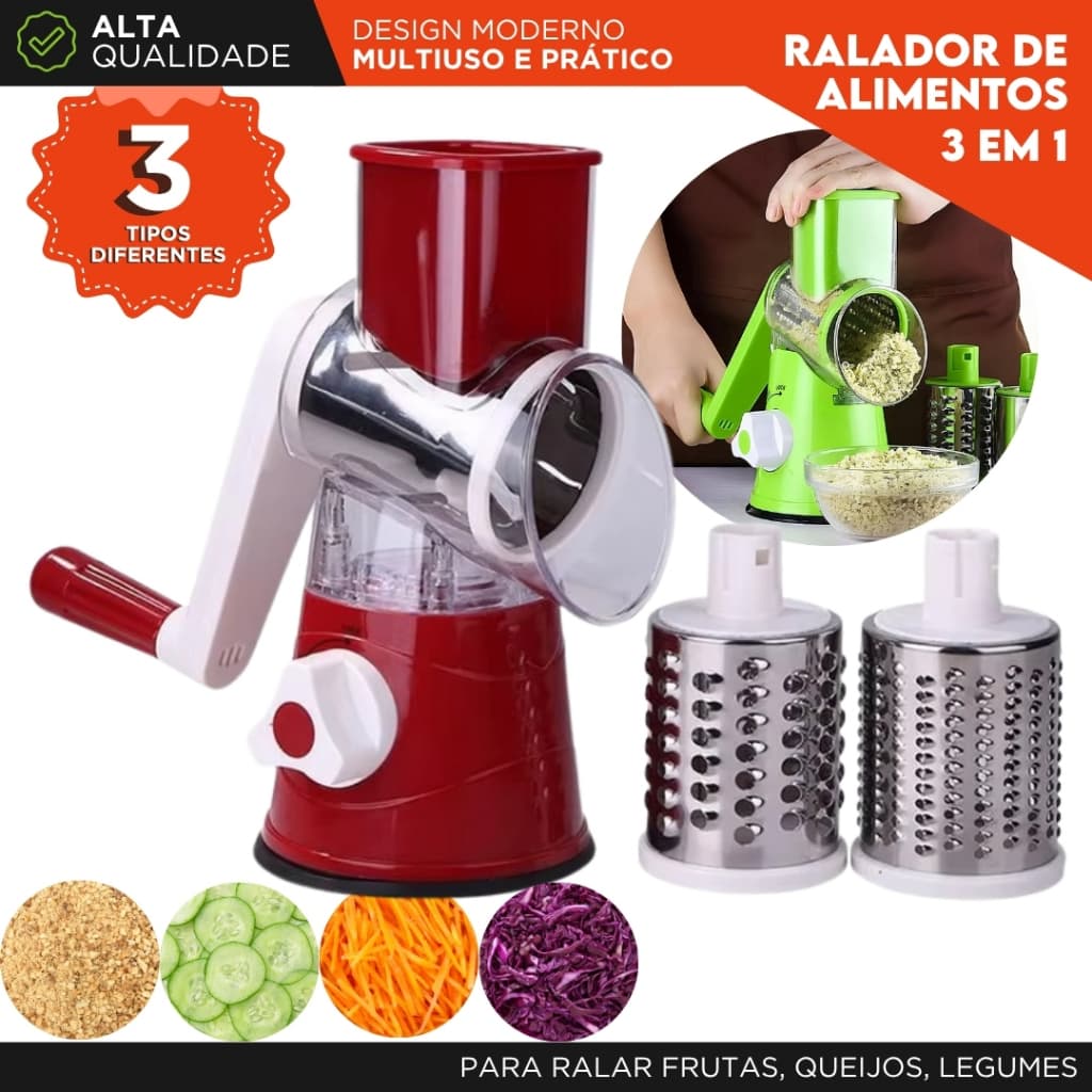 Ralador de Legumes Giratório 3 em 1 Multiuso Manual com Ventosa e 3 Lâminas Para Queijo e Legumes AV